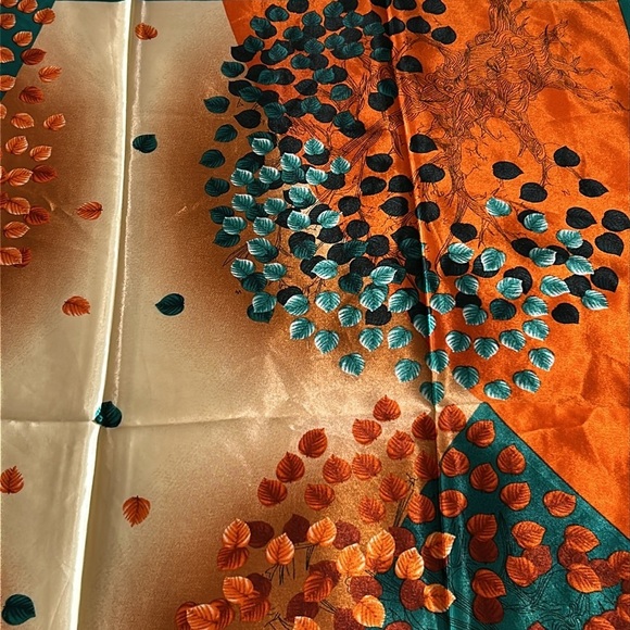 2245- Tree Print Silk-Feel Square Scarf Orange Green Teal 100% Polyester NWT - Picture 10 of 10